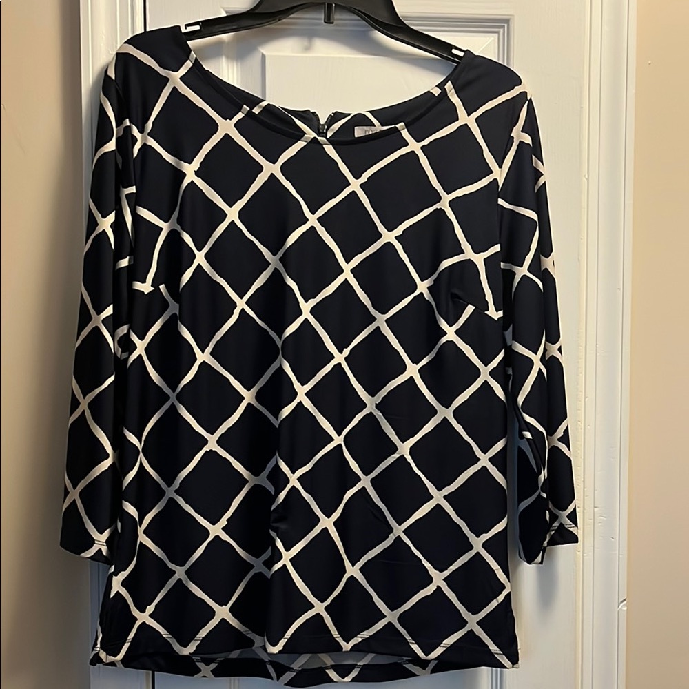 Roz & Ali Navy and Ivory Boxy Blouse 3/4 Sleeve